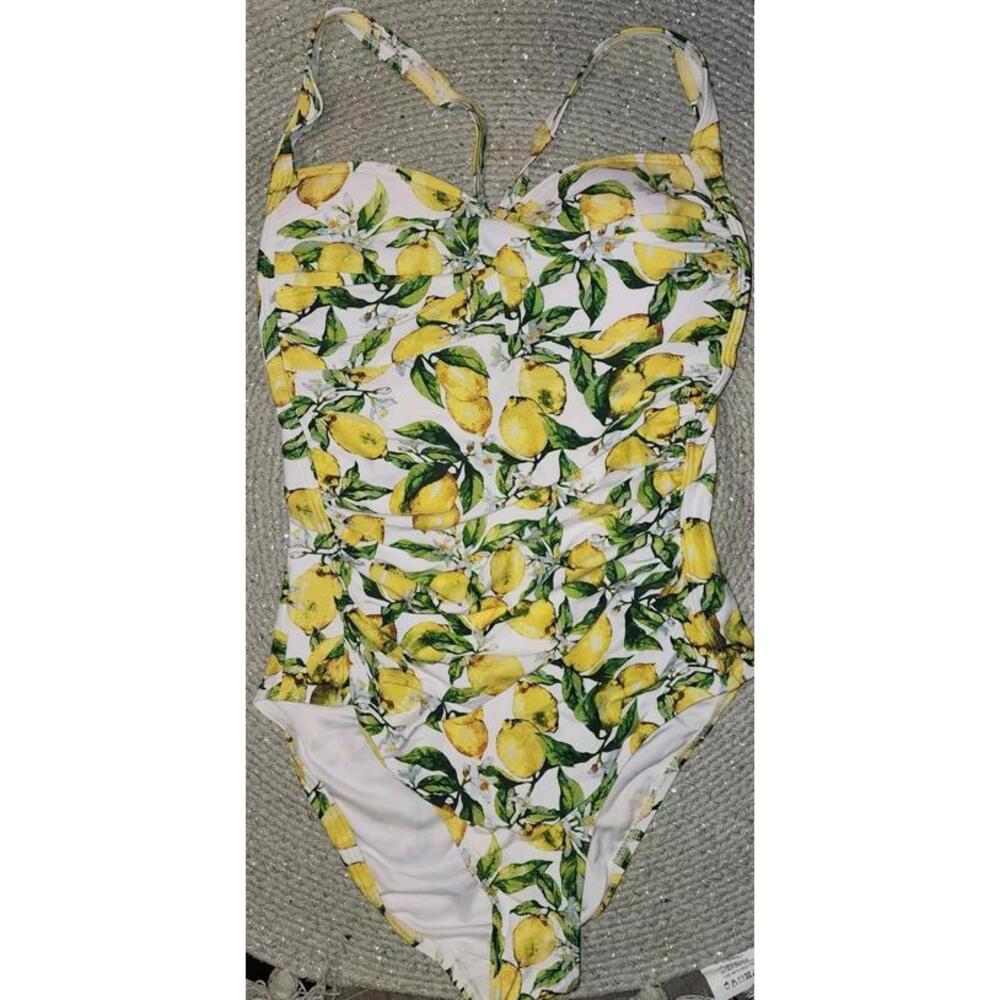 Nip Tuck Womens 8 Eva One Piece Swimsuit Lemon Print Ruffle V Neck Yellow Multi